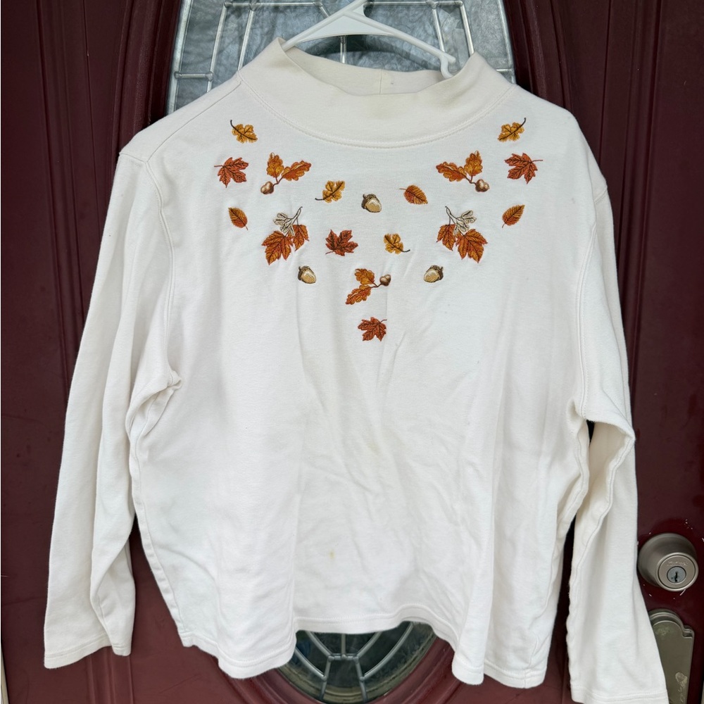 Studio Works Cream Long-Sleeve Top with Autumn Leaf Embroidery